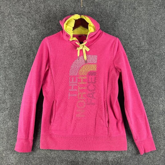 The North Face Tops - The North Face Hoodie Womens Medium Pink Cotton Blend Long Sleeve Logo Yellow Ti